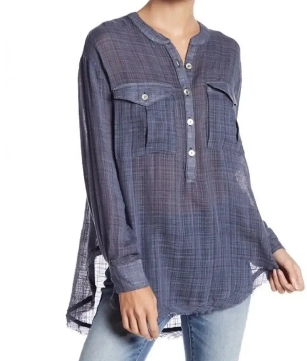 Free People Talk To Me Plaid Gauze Popover Frayed Hem Boho Tunic Top Size XS